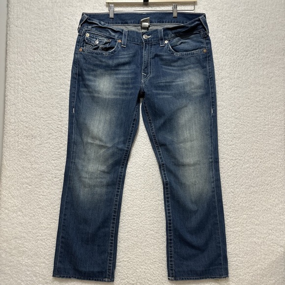 True Religion Men's Blue Straight Leg Jeans Flap Pockets Denim Sz 36 Made In USA